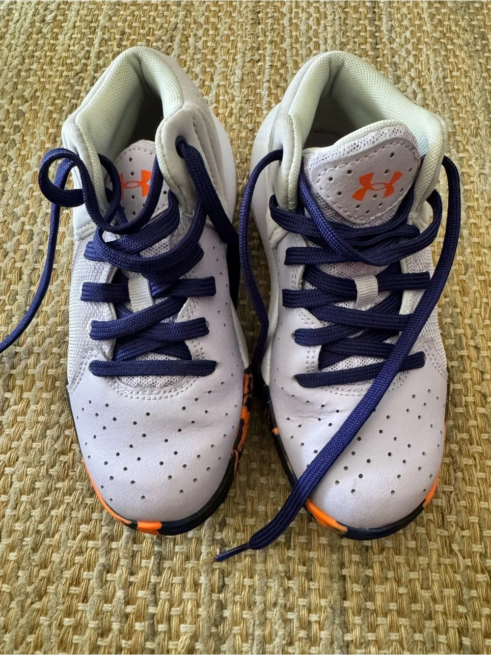 Under Armour Kids Lavender Basketball Shoes with Purple Laces and Orange Logo